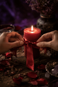 Bougie rouge et ruban noué pour un rituel d'engagement en couple
