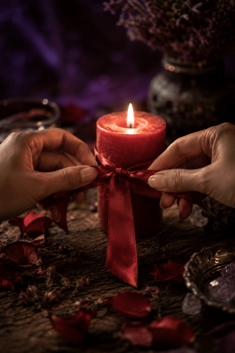 Bougie rouge et ruban noué pour un rituel d'engagement en couple